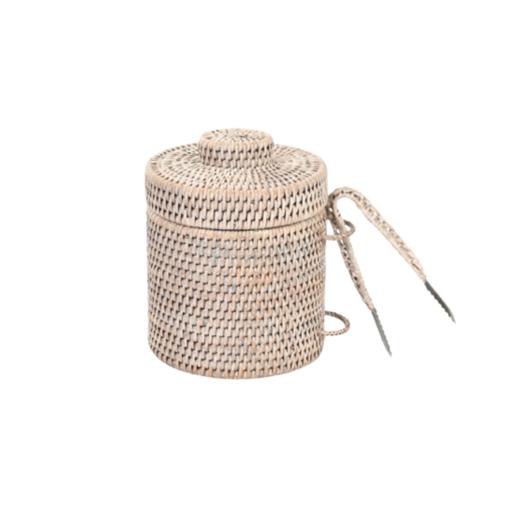 Rattan Ice Bucket with Tongs in White Wash – Elegant Bar Accessory